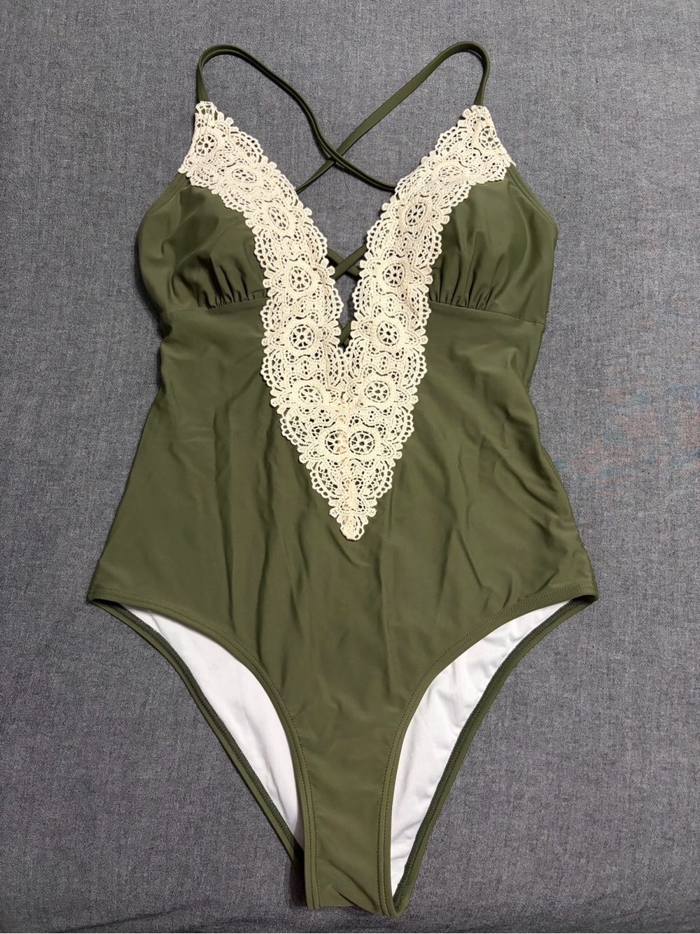 Olive Green One-Piece Swimsuit with Cream Lace Trim